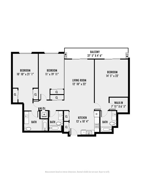 A black and white image of a floor plan for a home with a balcony, three bedrooms, a living room, a kitchen, and two bathrooms.